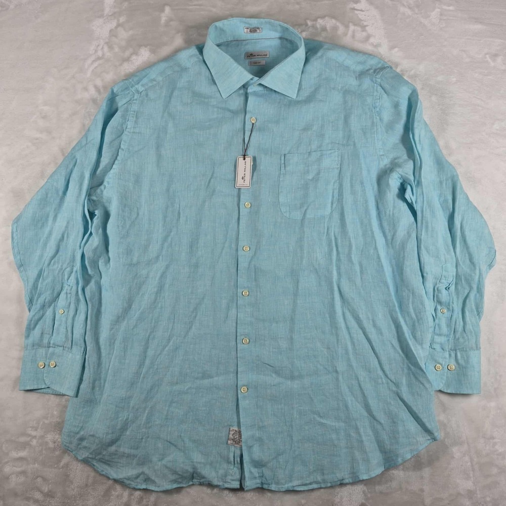 Peter Millar Linen Shirt Men's 2XL XXL Blue Crown Cool Long Sleeve Button Up NWT